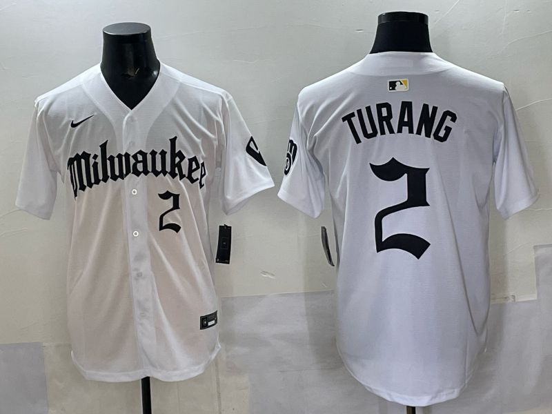 Men 2025 Milwaukee Brewers #2 Turang White Five generations Joint Name Nike MLB Jersey style 4->milwaukee brewers->MLB Jersey